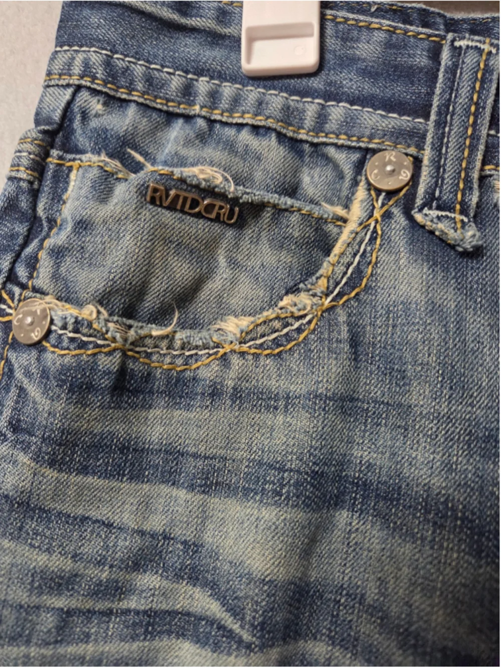 Rivet De Cru Jean Shorts Size 32 Blue White Distressed Raw Hem